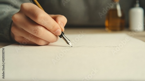 Hand carefully holding pen above blank paper, showcasing artisti photo