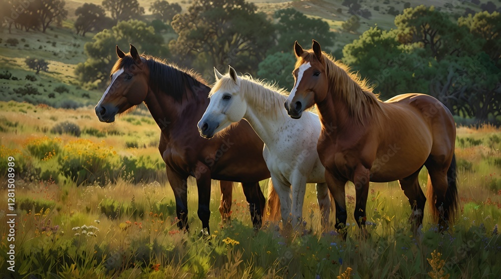 Fototapeta premium Three horses in a farm