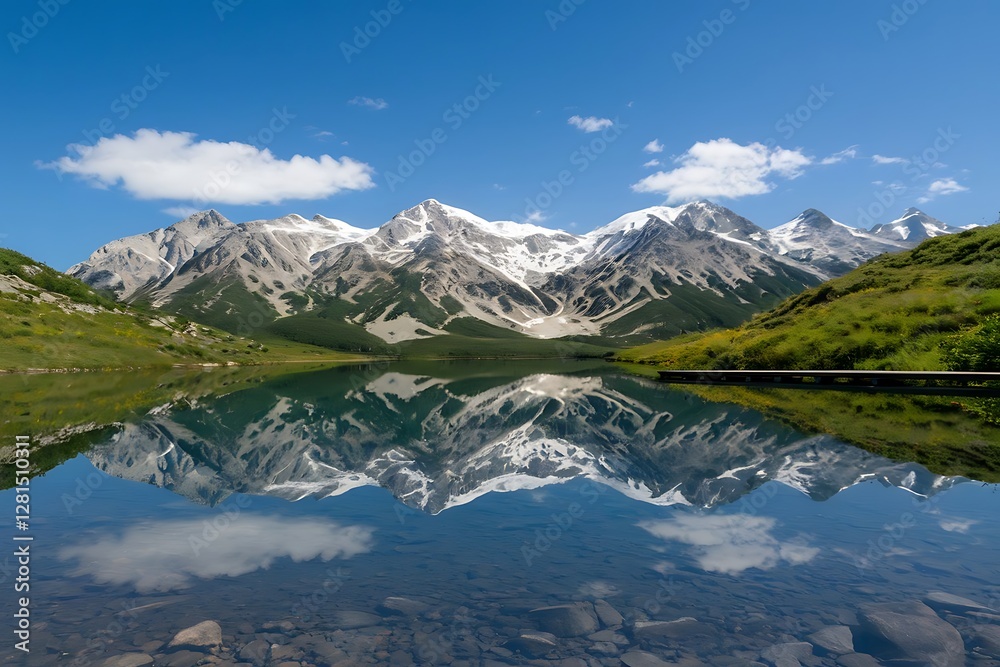 Crystal-clear lake reflecting snow-capped mountains under a deep blue sky. The vibrant landscape features golden grass, rugged peaks, and pristine water,