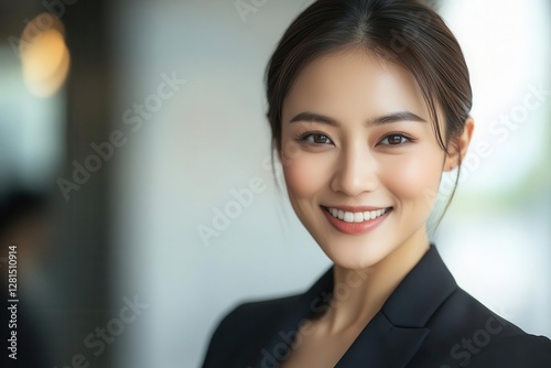 asian businesswoman in her midthirties with warm genuine smile and professional attire photographed in modern office setting