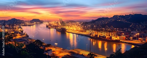 The Port of Santos at twilight, with container ships docked and cranes operating under the last light of the day