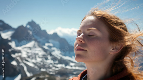 Hiker enjoying pure air in high altitude mountain environment, feeling freedom and connection with nature