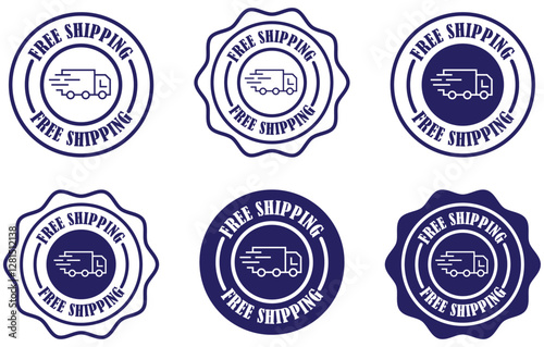 Free shipping delivery truck icon on white background. Fast shipping sticker design. Graphic badge for free shipping. Ecommerce badge with truck icon. Shipping promotion badge set. Vector 