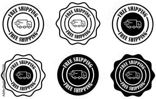 Free delivery business sale label tag with truck and text on white background. Free shipping badge icon design. Ecommerce shipping label icons. Monochrome free shipping design. Fast shipping sticker