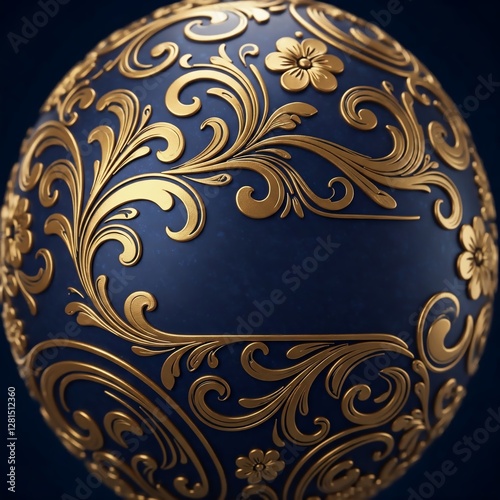 A luxurious Easter ornament with golden swirls on a dark velvet blue background. The central area is left free for text, ideal for premium branding, packaging, and elegant web design. photo