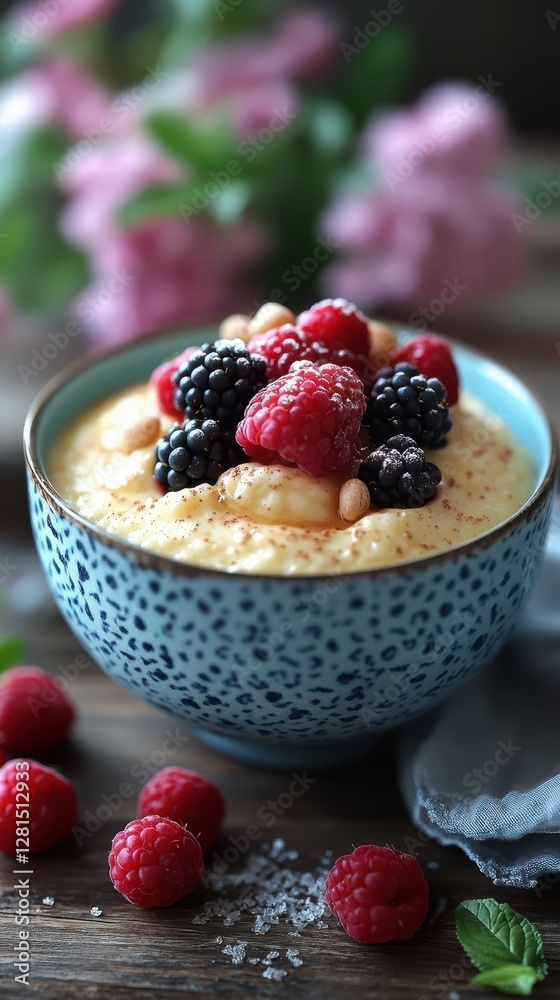Delicious smoothie bowl topped with fresh berries and nuts in a cozy kitchen setting Delicious smoothie bowl topped with fresh berries and nuts in a cozy kitchen setting