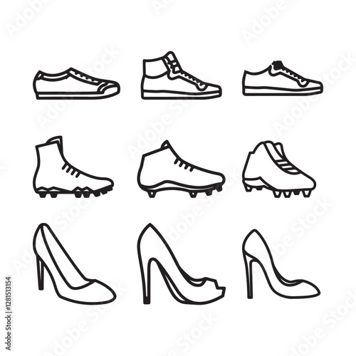 Footwear shoes vector icon set for soccer, boy and ladies