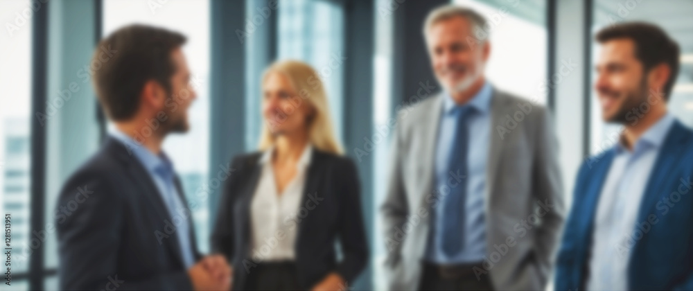 Blurry background capturing a brief conversation between colleagues in business attire Blurry background capturing a brief conversation between colleagues in business attire