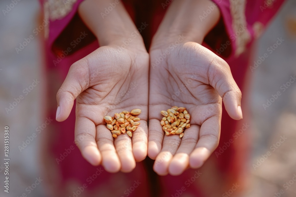 A person holding their hands up with seeds in each palm, likely during a cultural ceremony. A person holding their hands up with seeds in each palm, likely during a cultural ceremony.