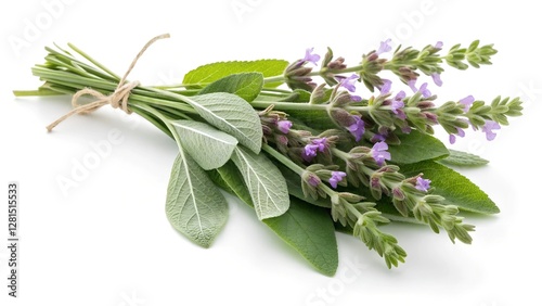 
fresh sage leaves with flowers in a bunch, isolated on white background