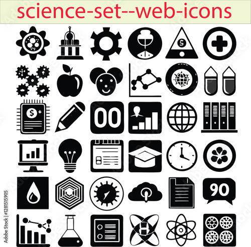 A Science Web Icon Set includes icons representing scientific concepts such as laboratory equipment, molecules, atoms, chemistry, physics, biology, experiments, and research, ideal for educational and