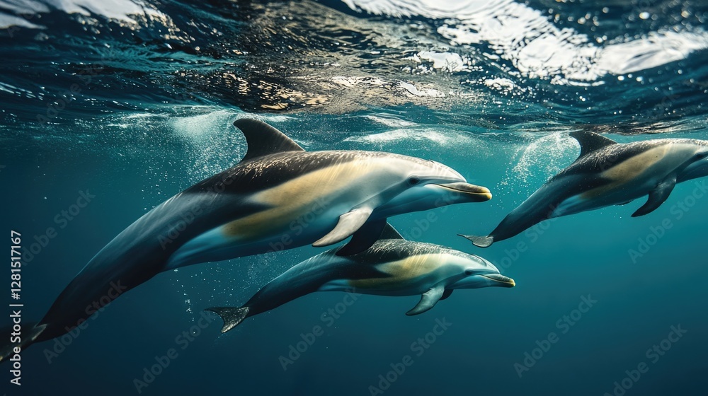 Obraz premium Graceful dolphins swim together, showcasing vibrant colors and s