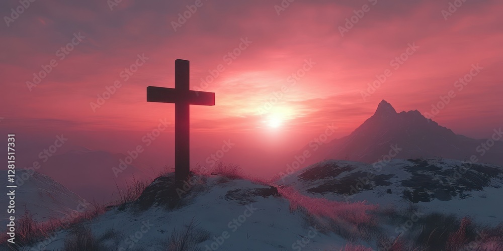 Sunset over a snow-covered landscape with a cross on the hilltop near a mountain range Sunset over a snow-covered landscape with a cross on the hilltop near a mountain range