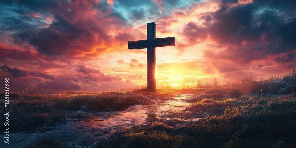 Sunset over a cross on a hill with vibrant clouds and a serene landscape at dusk Sunset over a cross on a hill with vibrant clouds and a serene landscape at dusk