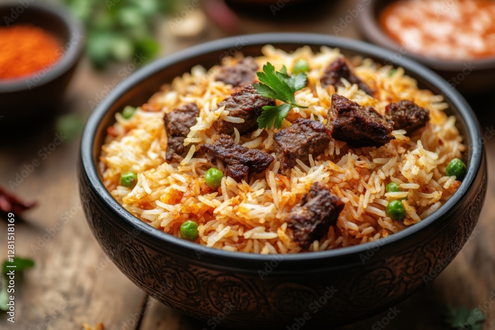 Delicious and aromatic beef biryani in a rustic bowl on a wooden table with vibrant colors and appetizing presentation captures the essence of Indian cuisine Delicious and aromatic beef biryani in a rustic bowl on a wooden table with vibrant colors and appetizing presentation captures the essence of Indian cuisine