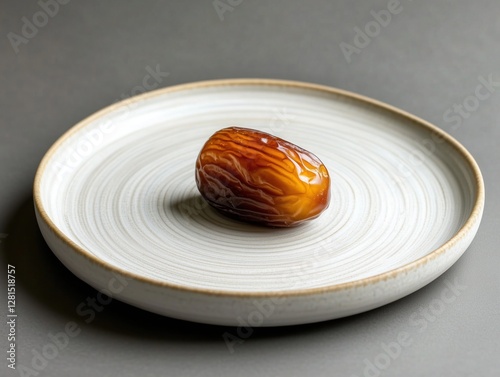 A single date placed on a white ceramic plate with subtle textured rings and a light brown rim, a common sight during Ramadan as it's often used to break the fast. photo