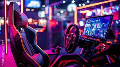 Immersive Gaming Setup: Neon Lights and High-Tech Racing Simulator