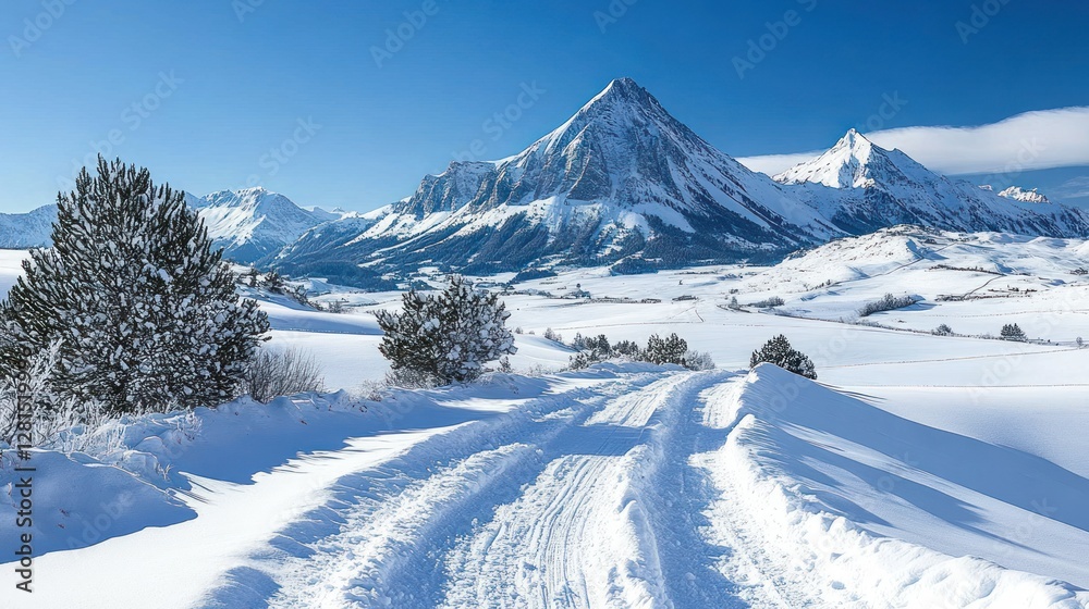 Snow covered road leads to majestic winter mountains Snow covered road leads to majestic winter mountains