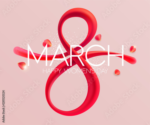 March 8 international women's day. Red elegant number eight with congratulatory inscription.  Typographic greeting card design.