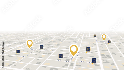 Navigation concepts. Detailed city map with clear directional signs and highlighted destination point. Abstract urban plan POI with city streets. Vector illustration travel path for travel.