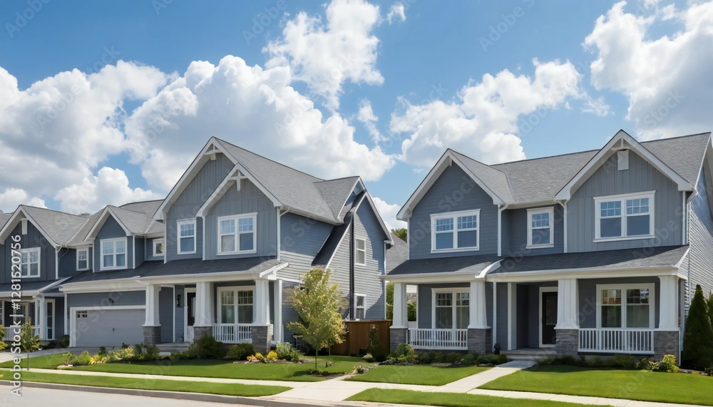 Suburban homes featuring gable roofs and gray exteriors under a clear blue sky with soft clouds in the background showcasing modern architecture Suburban homes featuring gable roofs and gray exteriors under a clear blue sky with soft clouds in the background showcasing modern architecture