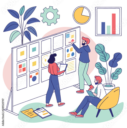 Creative startup brainstorming session with charts and sticky notes