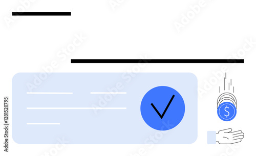 Digital transaction completed with a checkmark in a blue circle. Coins falling into an open hand. Ideal for financial transactions, e-commerce, banking, payroll, online payments, accounting