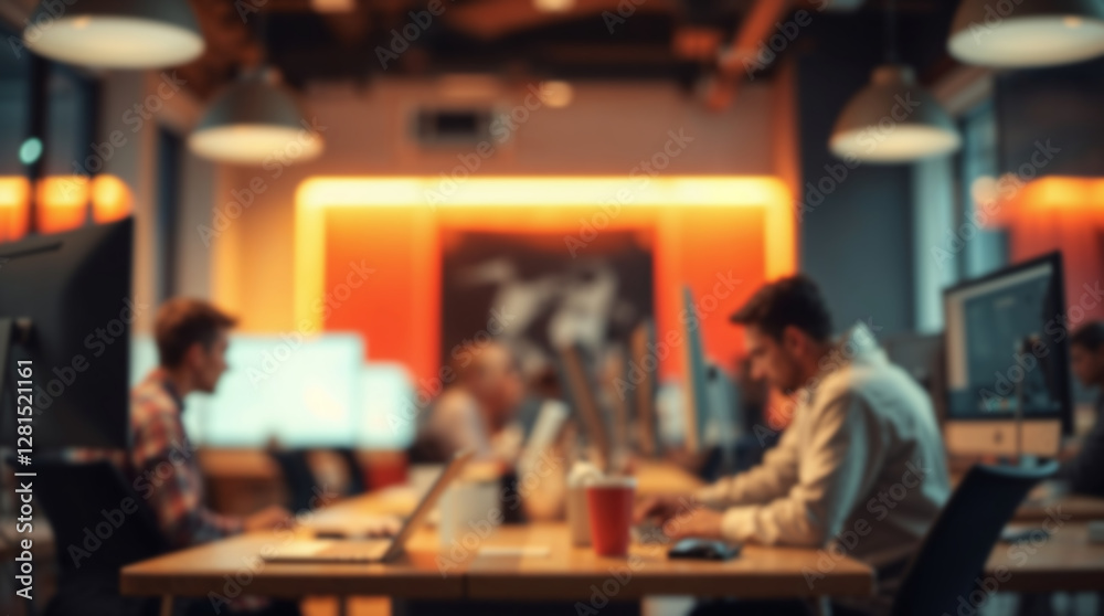 Group of IT specialists work in a modern office. Blurred background with business people working in coworking space Group of IT specialists work in a modern office. Blurred background with business people working in coworking space