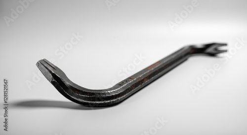 Close-up of rusty metal crowbar on neutral background