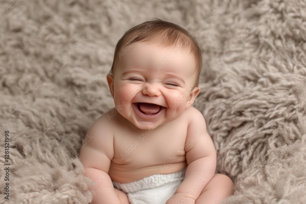 Baby with chubby cheeks and infectious laughter enjoying time on a soft, cozy blanket, radiating pure joy and happiness Baby with chubby cheeks and infectious laughter enjoying time on a soft, cozy blanket, radiating pure joy and happiness