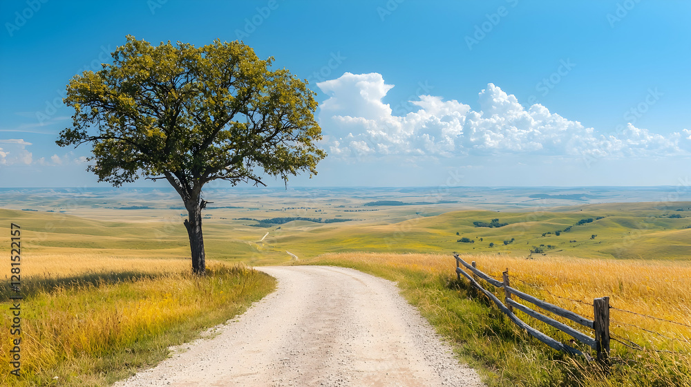 Fototapeta premium Solitary tree stands beside a winding dirt road leading through rolling golden hills under a bright blue sky.