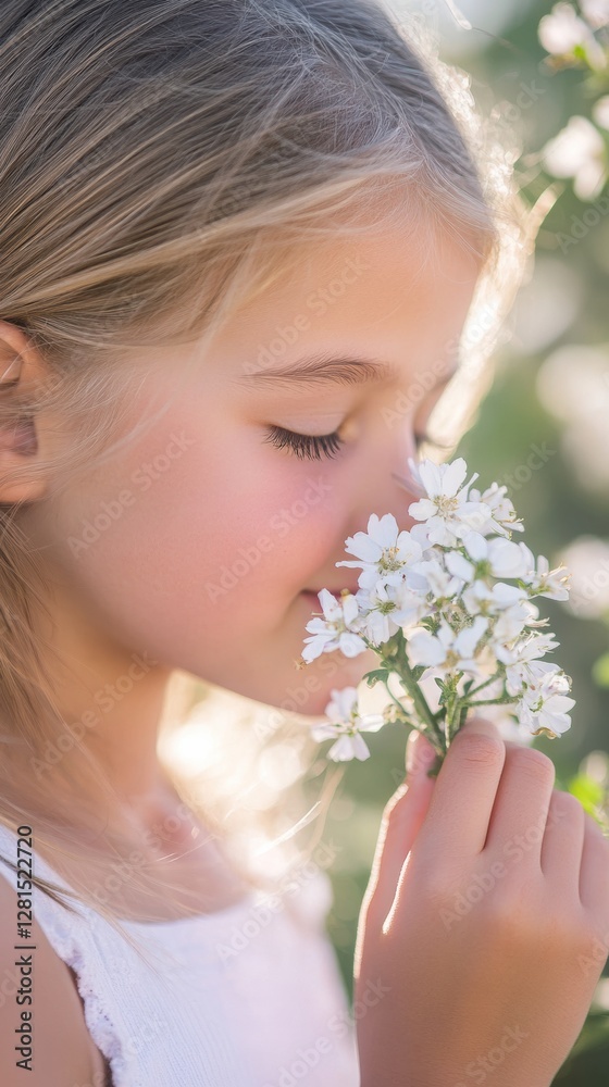 Fototapeta premium Young girl enjoys the scent of white flowers in a sunlit garden during springtime. Generative AI