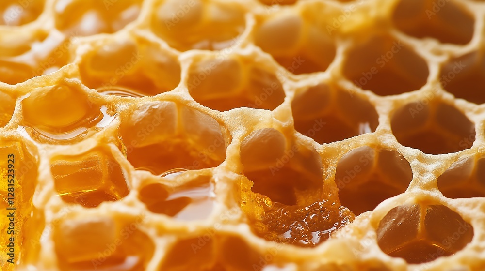 A highly detailed close-up of a honeycomb, filled with golden honey. A highly detailed close-up of a honeycomb, filled with golden honey.