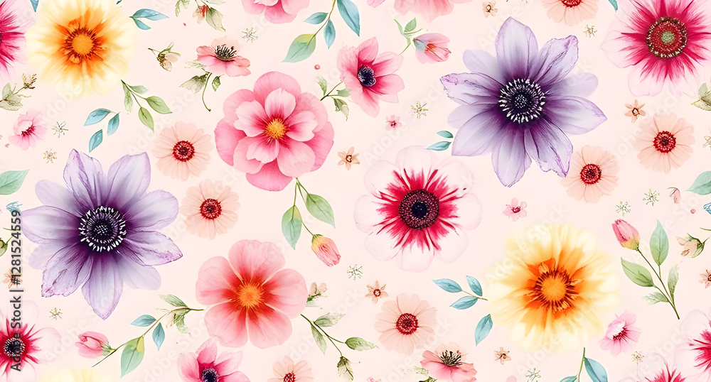 A beautiful floral pattern with various flowers in pastel colors on a light pink background A beautiful floral pattern with various flowers in pastel colors on a light pink background