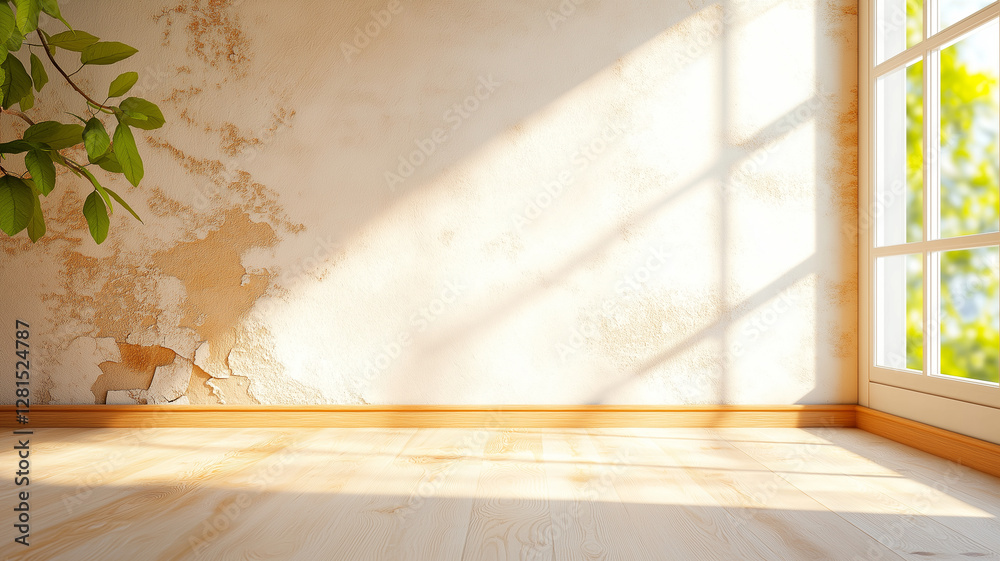 serene empty room with cracked old walls, sunlight streaming through window, and green plant in corner, creating warm and inviting atmosphere serene empty room with cracked old walls, sunlight streaming through window, and green plant in corner, creating warm and inviting atmosphere