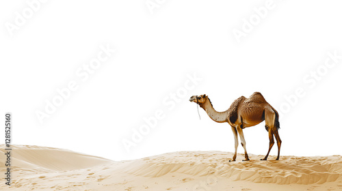Fototapeta Naklejka Na Ścianę i Meble -  Camel standing walking on golden desert sands dunes isolated on transparent background