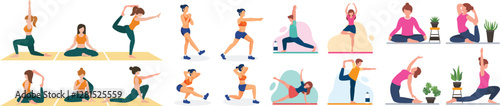 Colorful cartoon illustrations, yoga poses, fitness exercises, diverse people stretching, vibrant characters, flat design, healthy lifestyle, workout routines, flexibility training, balance postures