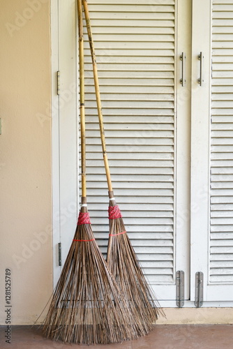 Two broomsticks leaning against janitor's tool closet.