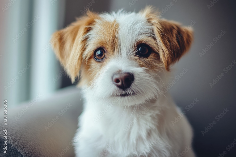 Cute small dog with fluffy ears gazing curiously at camera indoors in bright room. Generative AI Cute small dog with fluffy ears gazing curiously at camera indoors in bright room. Generative AI
