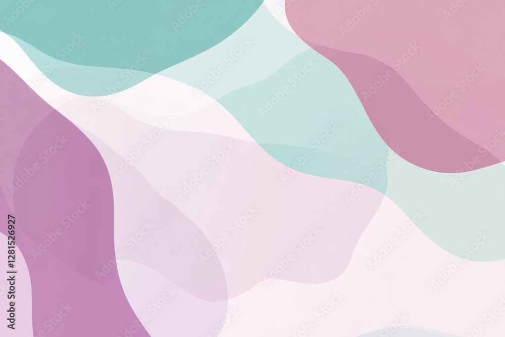 Fototapeta premium Illustration of abstract, soft edged shapes in pastel shades of pink, lavender, and teal. The fluid design evokes a sense of calm and serenity, perfect for a peaceful, minimalist artwork.