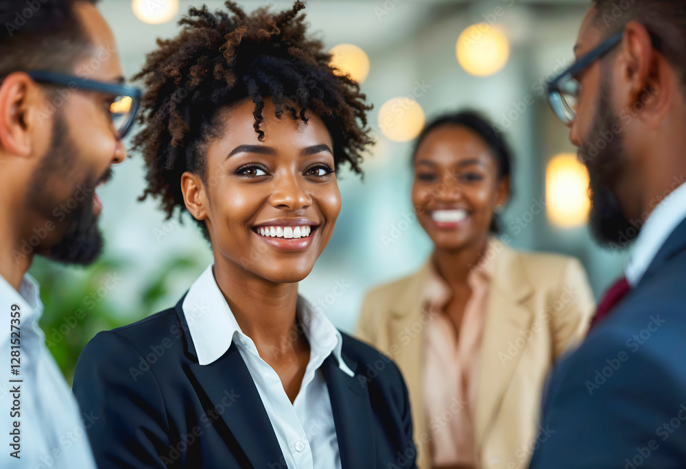 Beautiful confident smiling African American business woman talking with colleagues at lobby, female manager, people background, diversity at workplace
