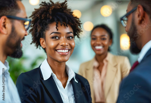 Obraz na płótnie Beautiful confident smiling African American business woman talking with colleagues at lobby, female manager, people background, diversity at workplace w salonie