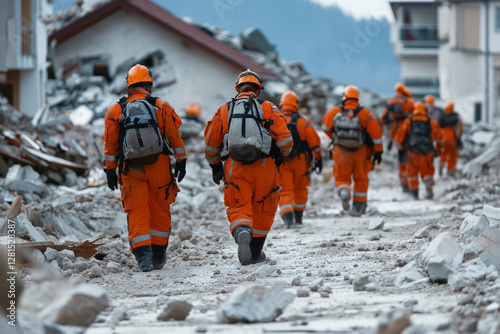 Wallpaper Mural Search and rescue team wearing orange coveralls exploring damaged area after earthquake disaster Torontodigital.ca