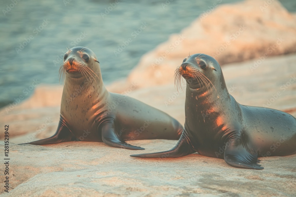 Fototapeta premium Two playful seals bask in sunlight, showcasing unique textures a