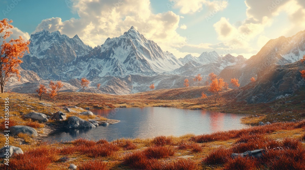 Fototapeta premium Serene autumn landscape with mountains, colorful foliage, and a tranquil lake reflecting the scenic beauty of nature in vibrant colors