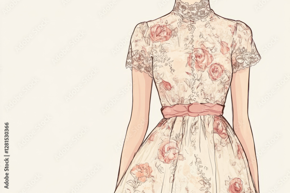 Obraz premium Illustration of a vintage floral dress with a high neckline, delicate lace detailing, and a cinched waist. The elegant, timeless design exudes classic charm, while soft, pastel flowers on the fabric