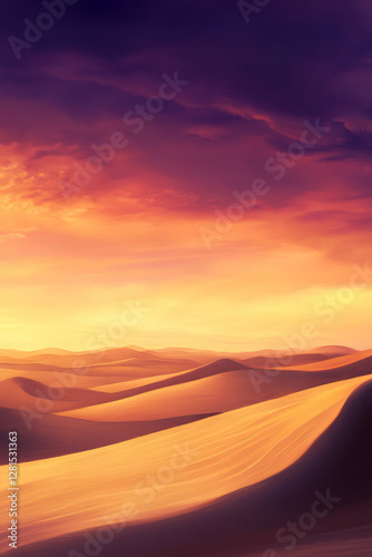 Illustration of a peaceful desert landscape at sunset, with golden sand dunes stretching into the horizon. The warm orange and purple hues of the sky contrast beautifully with the calm, barren earth.
