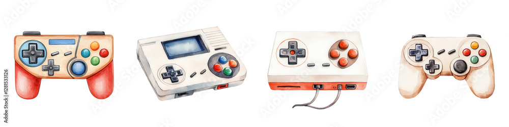 Fototapeta premium Retro game console clipart featuring colorful controllers and consoles. Perfect for gaming, isolated on transparent background.