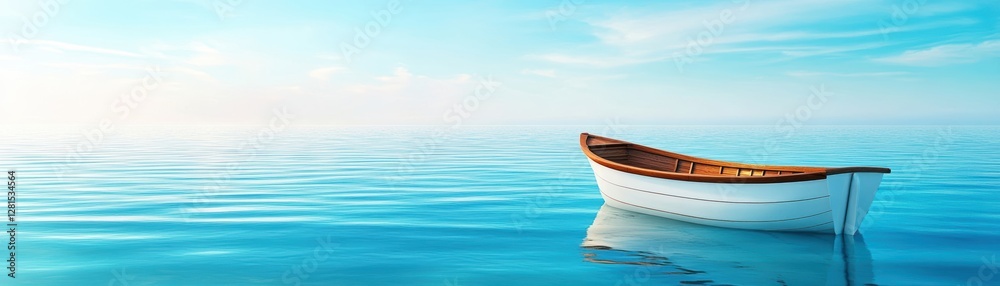 Naklejka premium Tranquil Scene with a Small Wooden Boat Floating on Calm Blue Water under a Clear Sky