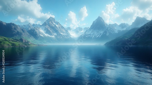 This image displays breathtaking mountains alongside a lovely sea. The mountains are seen as they rise out of the ocean. It's an amazing vista.